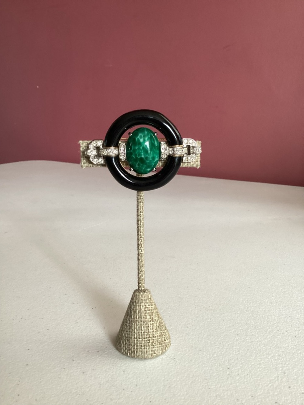 Signed Ciner Black Enamel & Faux Malachite Cabochon Rhinestone Brooch